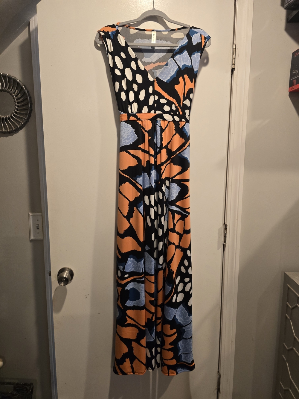 Bold Orange & Blue V-Neck Maxi Dress
